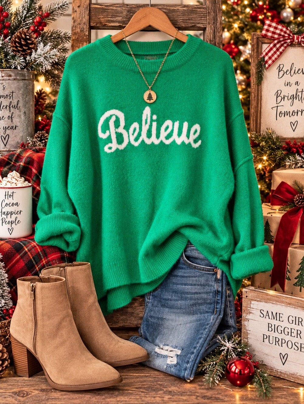 CeCe 2X NWT Green Believe Christmas Sweater Holiday Pullover Plus Size